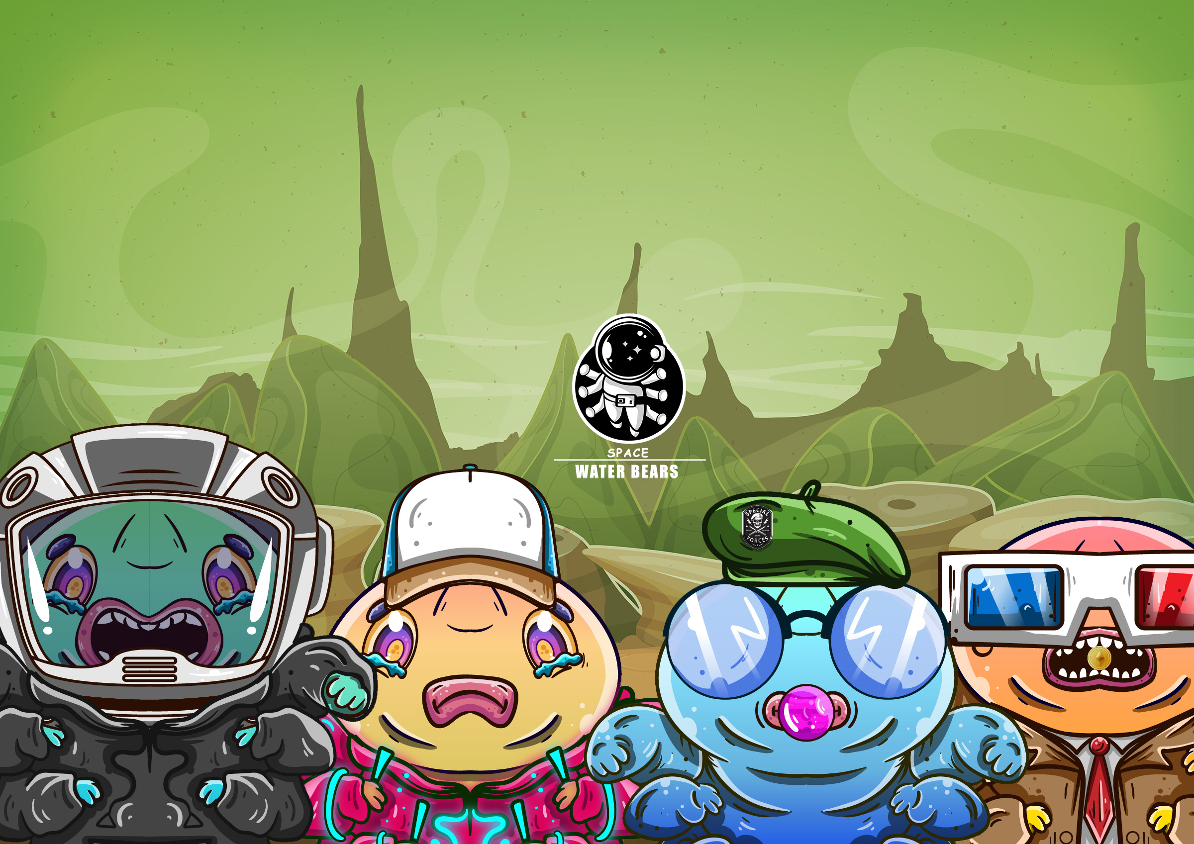 Illustration of a cartoon funny alien planet landscape background, with weird mountains range for ui game
